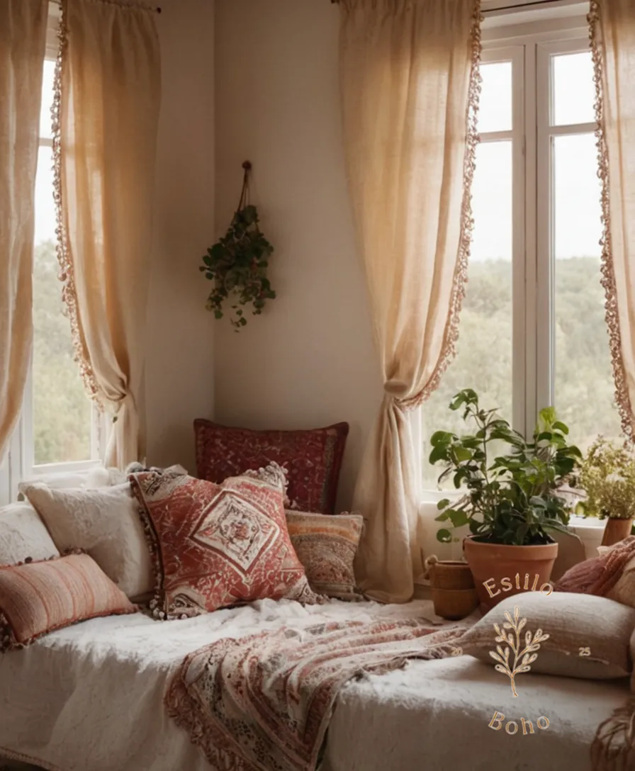 A serene bohemian setting with organic cotton fabrics prominently displayed.