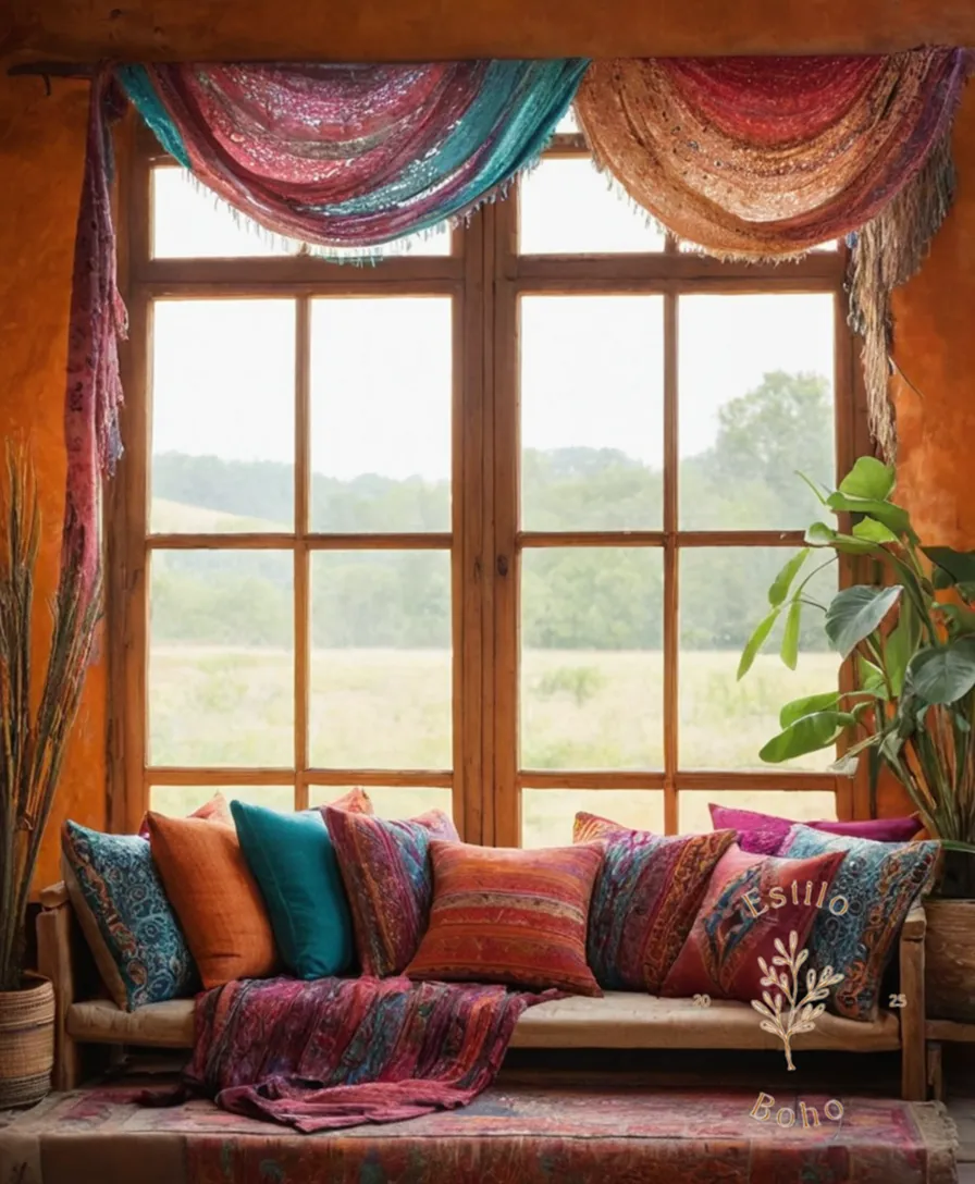 A bohemian-inspired textile arrangement on a colorful background.