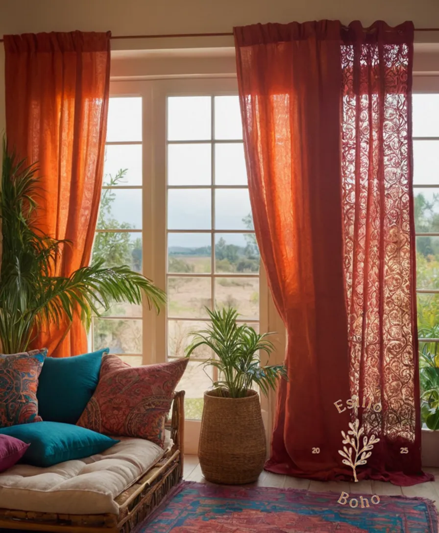 Organic cotton fabrics in a vibrant bohemian-inspired interior setting.
