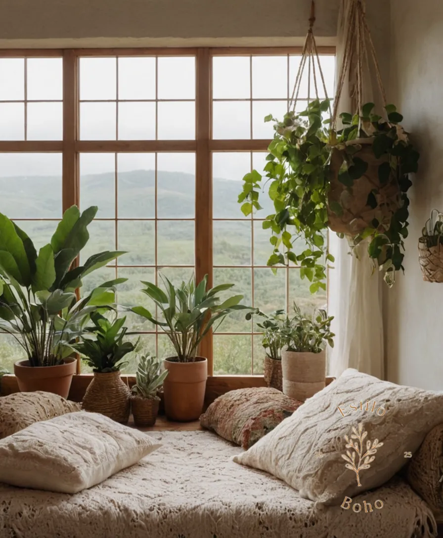 Organic cotton textures, plants, and bohemian-inspired decor, set against a natural background.