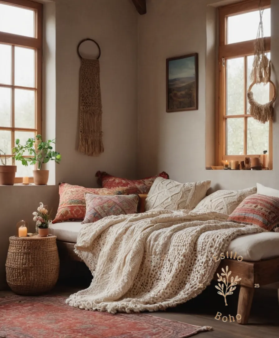 A cozy, bohemian-style interior with organic cotton textiles prominently displayed.