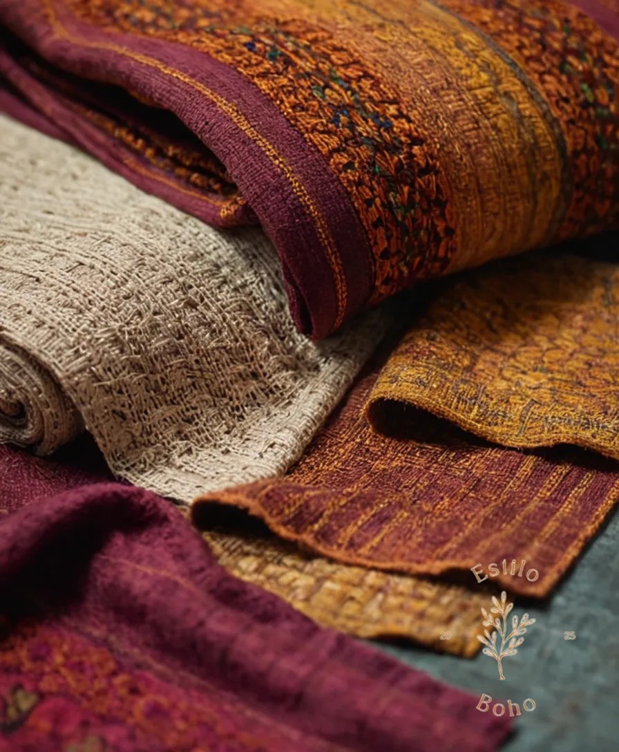 Luxurious organic bohemian fabric swatches against natural surroundings.