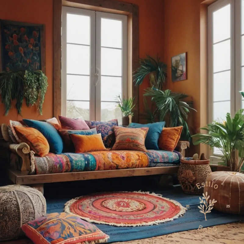 Eclectic textiles and natural elements adorning a bohemian living space.