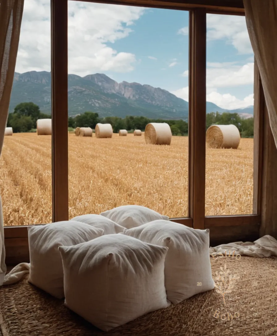 A serene landscape with organic cotton bales and natural textures.