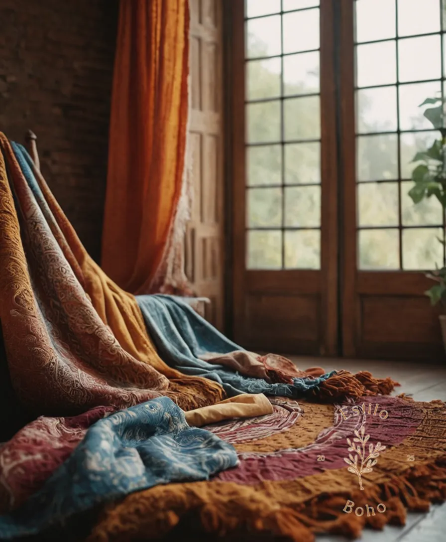 A bohemian-inspired textile setup with organic cotton fabrics gently unfolding.