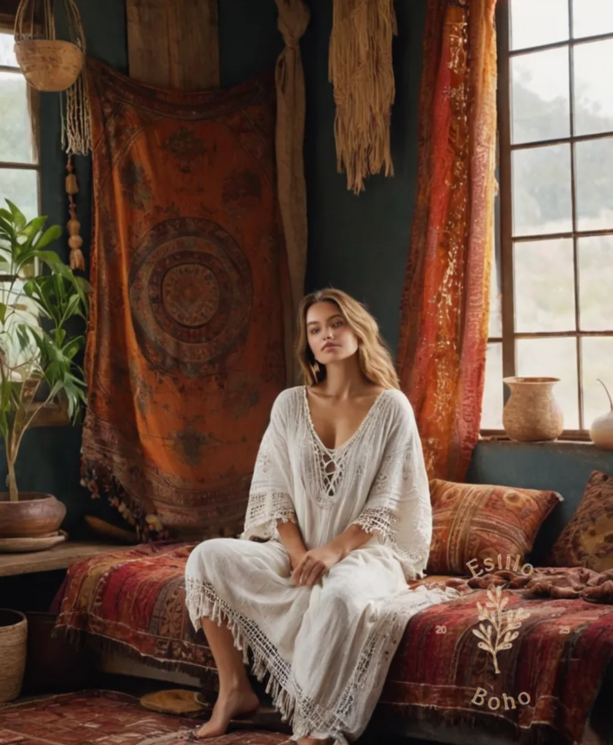 A soft, relaxed model surrounded by bohemian textiles and cotton.
