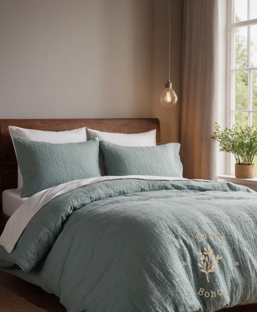 A serene bedroom setting with organic cotton bedding.