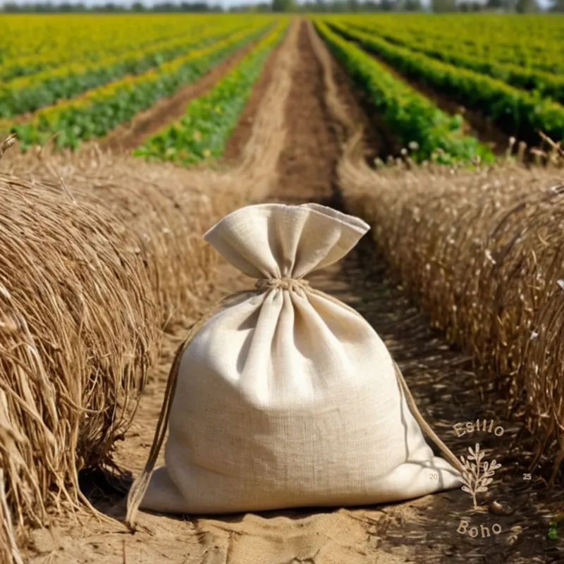 A burlap sack or a field with organic cotton plants.