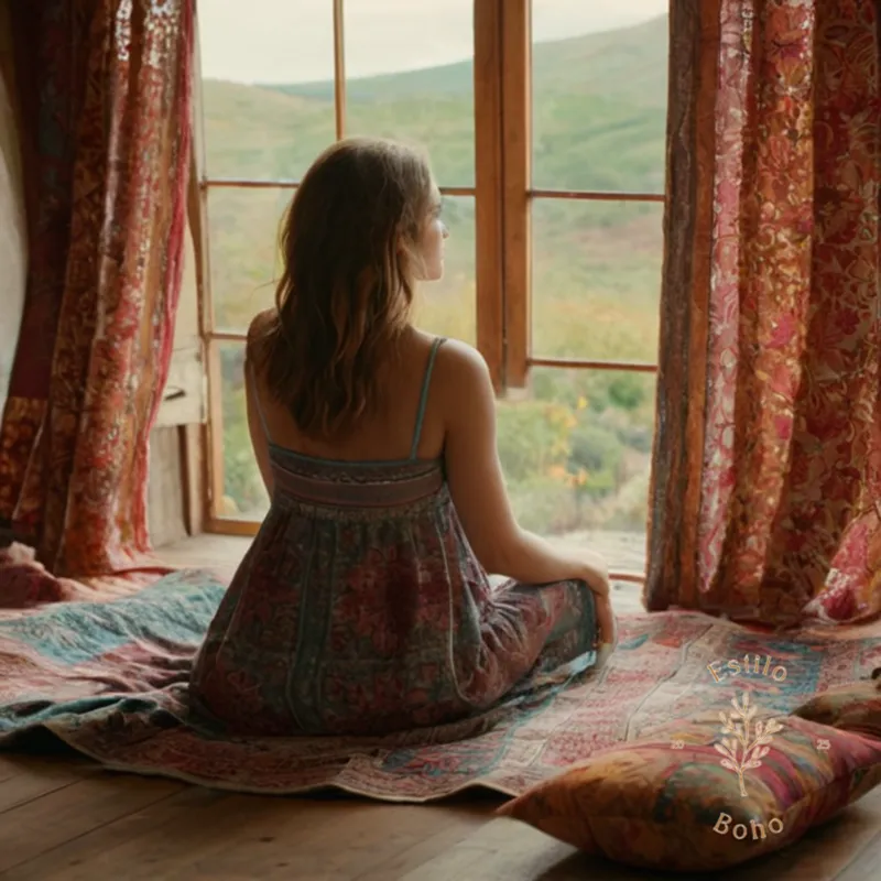 A person immersed in a calming, natural, bohemian fabric setting.