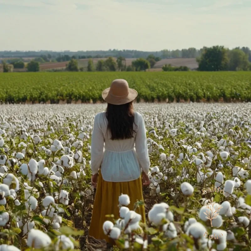 A person surrounded by organic cotton fields or textiles.