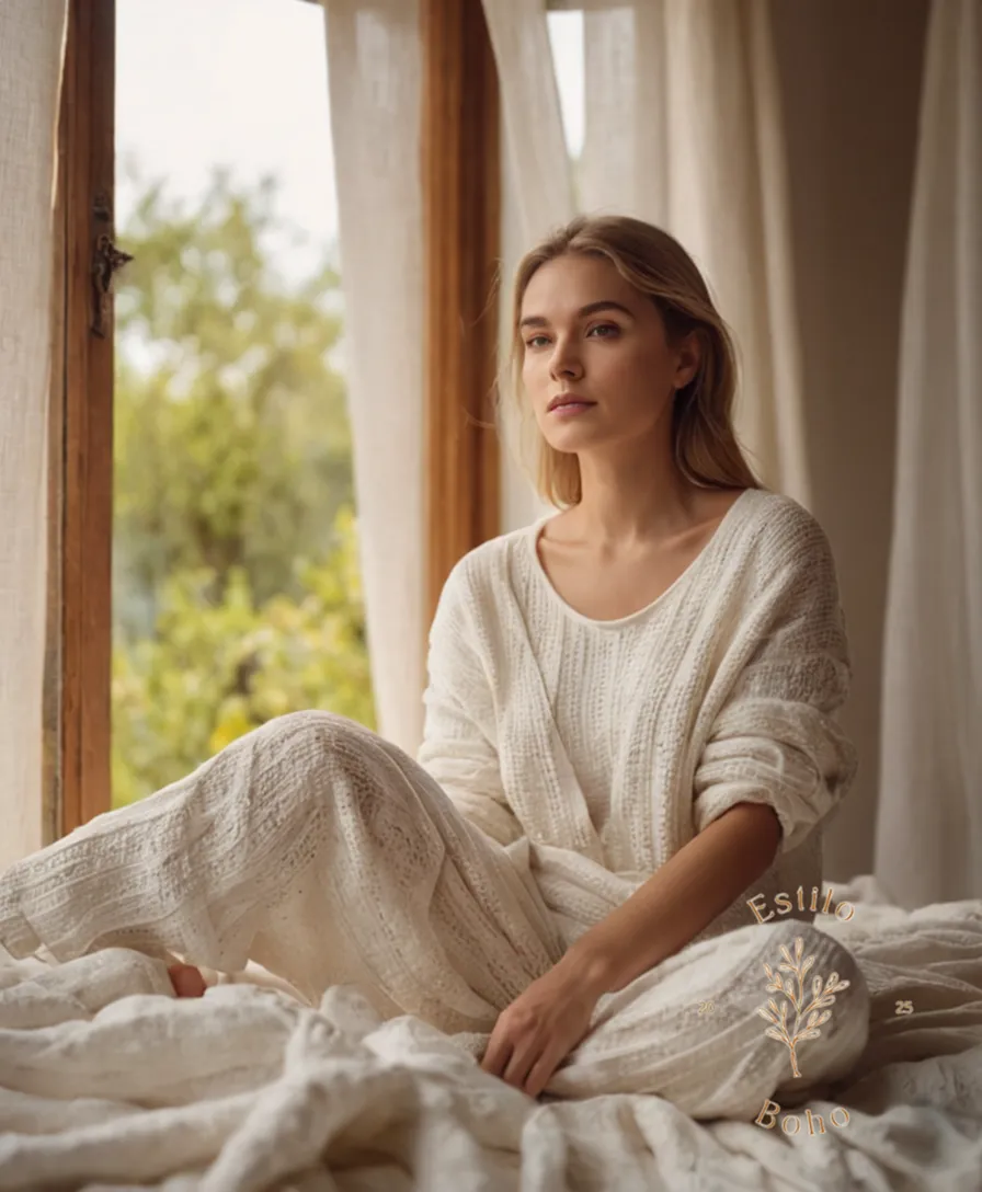 A relaxed model surrounded by organic cotton fabrics.