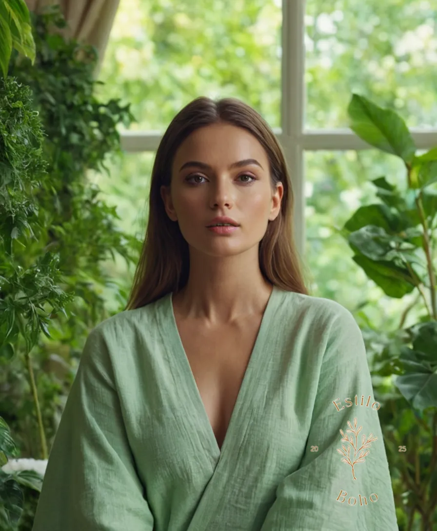 A model surrounded by lush greenery, with organic cotton fabric displayed.