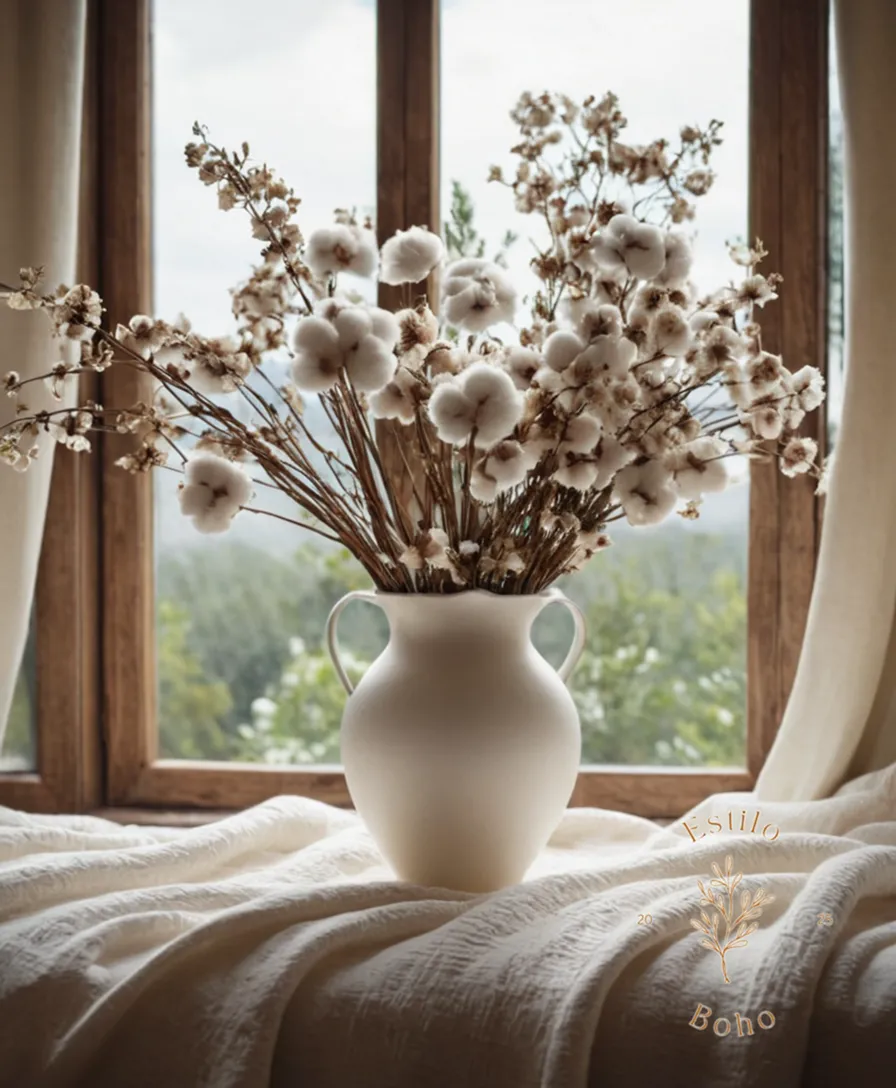 3D floral arrangement amidst soft, organic cotton textures and plants.