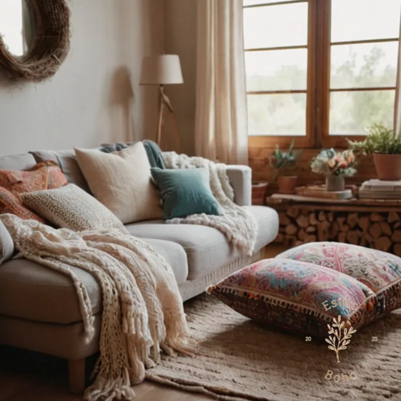 A cozy, bohemian-inspired living room with an organic cotton pillow.