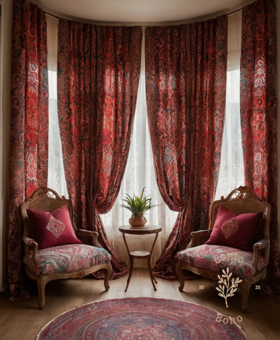 3 bohemian curtains made from organic soft cotton.