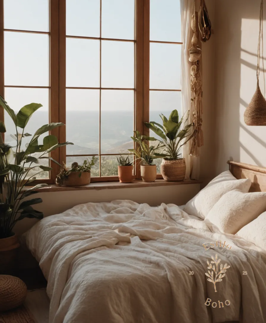 A serene, organic cotton-filled room in boho minimalistic décor.