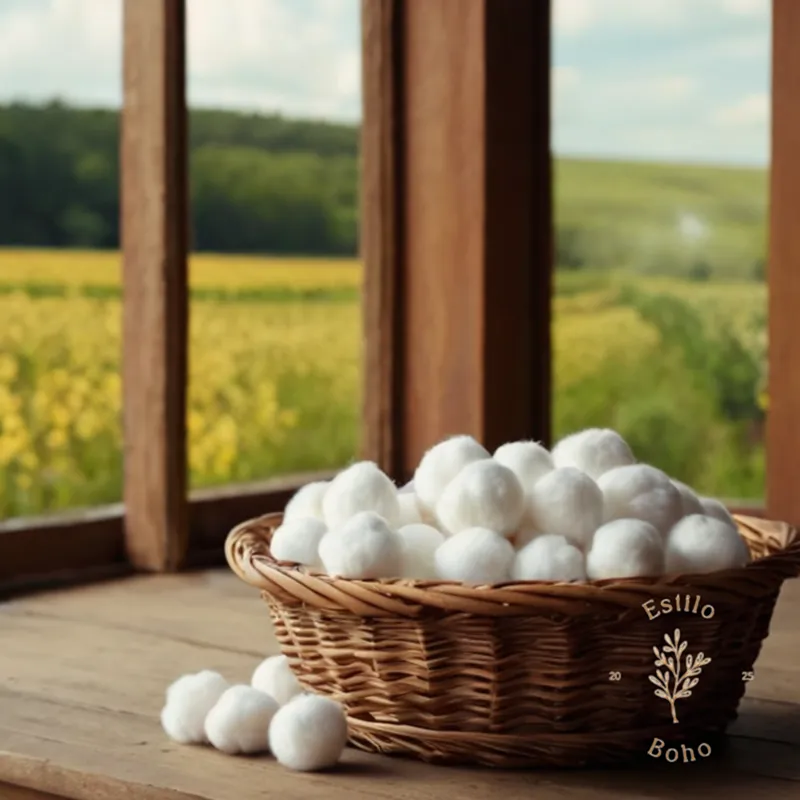 a basket of organic cotton balls against natural background.