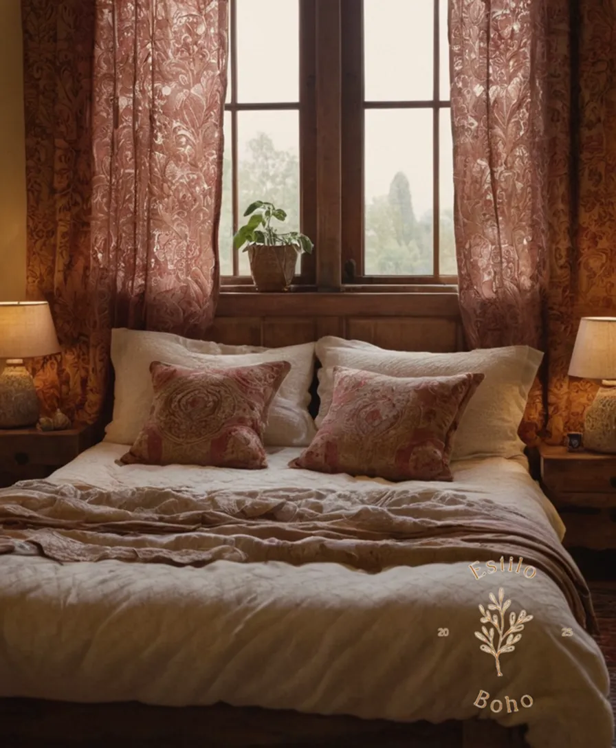 Soft organic cotton fabric in an upscale, bohemian bedroom setting.