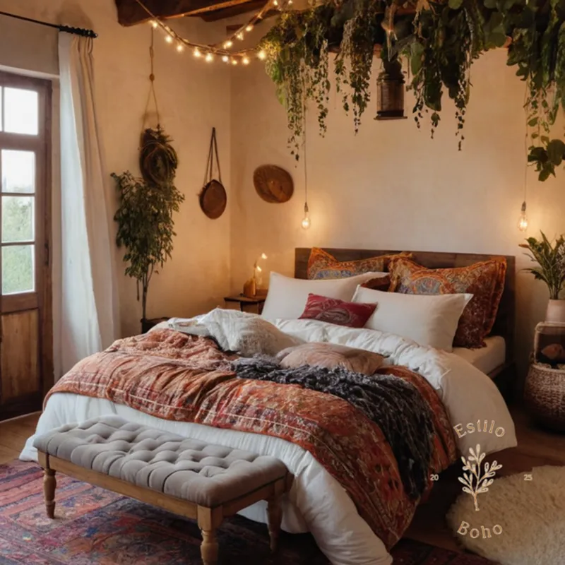 A cozy bohemian bedroom with organic cotton bedding prominently.