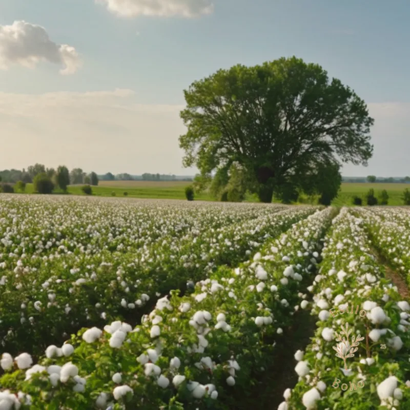 A field of lush, green organic cotton in bloom.
