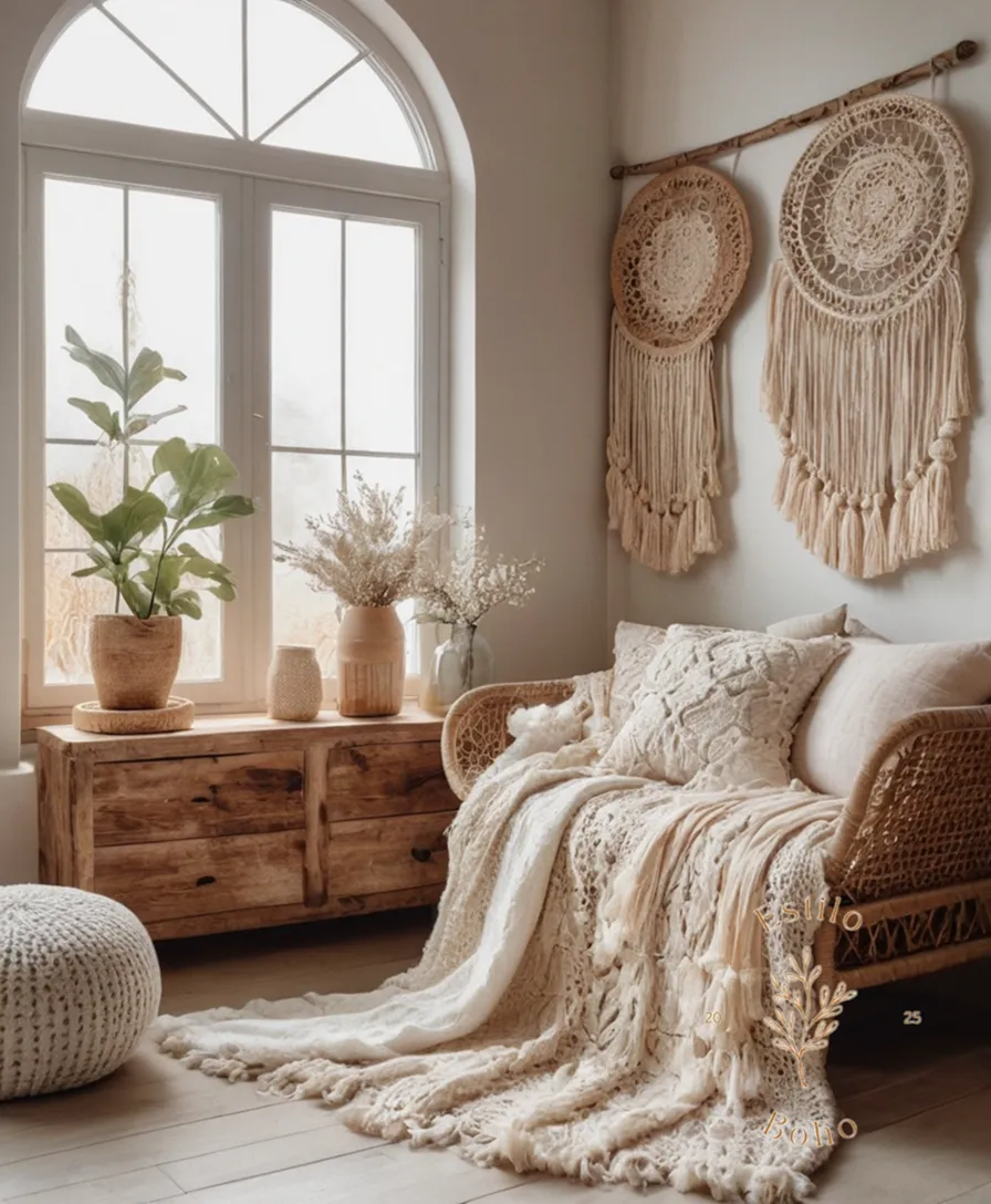 Soft, fluffy organic cotton textures alongside bohemian-inspired decorative elements.