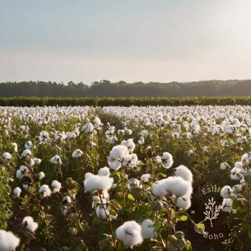 A field with organic cotton plants and soft fabric fabrics.
