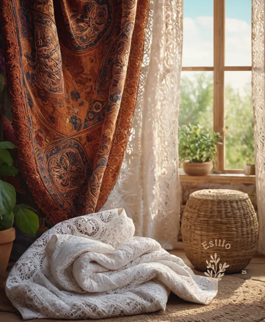 3D illustration or photo of organic cotton fabrics on a bohemian background.