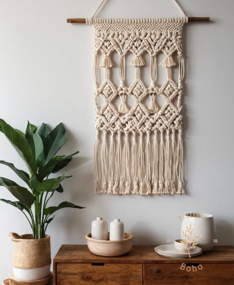 A delicate, hand-woven macrame wall hanging made from soft organic cotton.