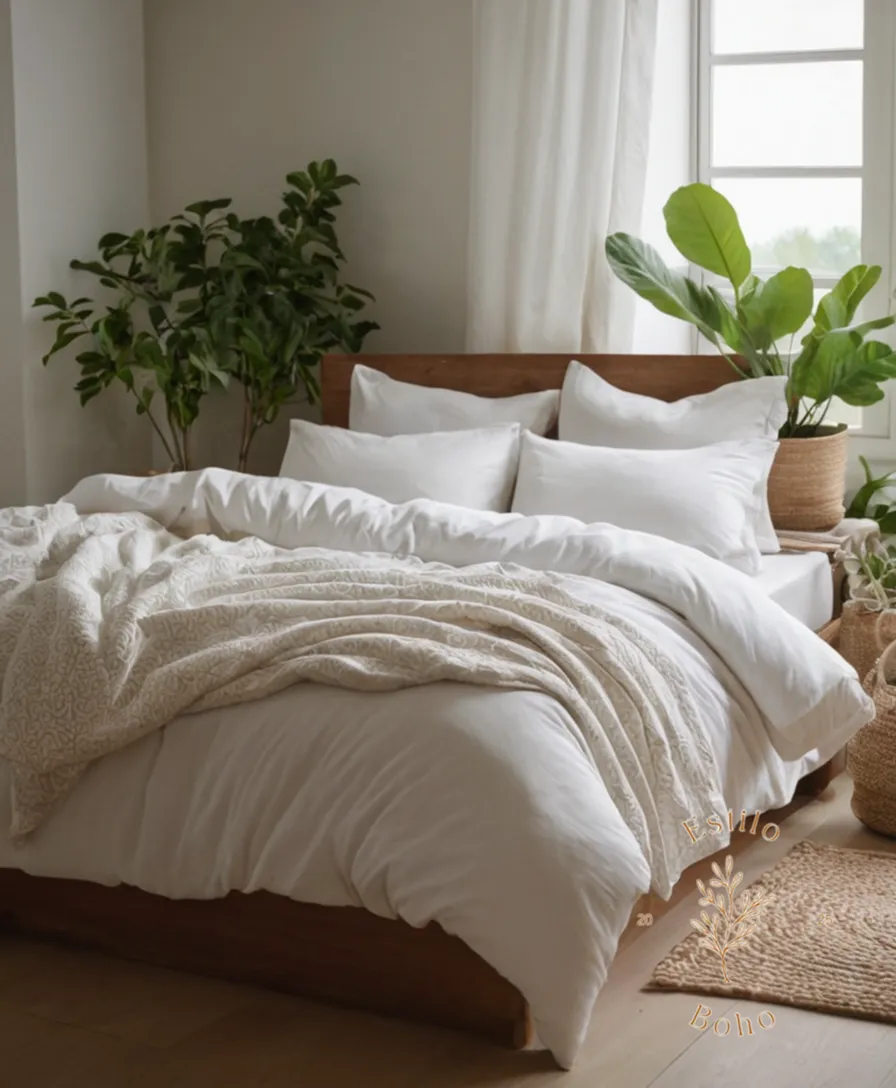 A serene bedroom with organic cotton bedding and plants.