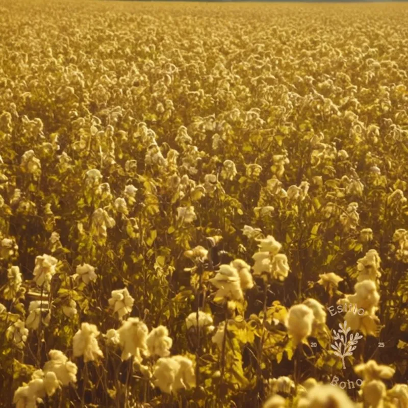 A field of golden organic cotton, sunny and serene.