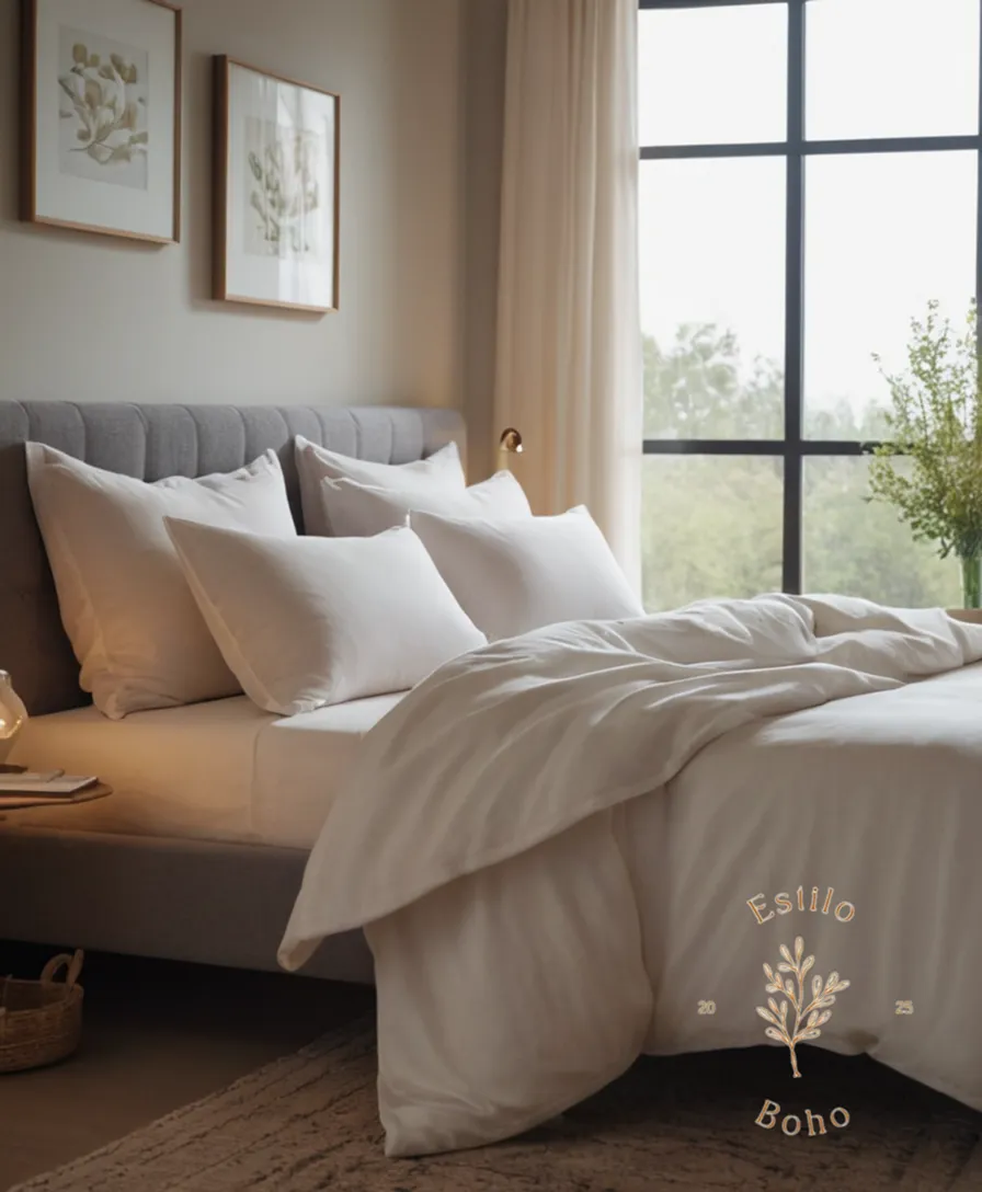 A calming bed scene with organic cotton textiles prominently displayed.