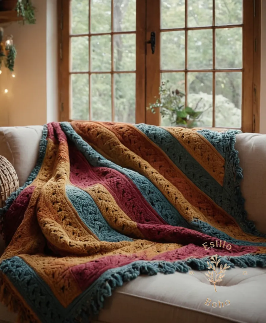 A soft, colorful, bohemian-inspired blanket in a cozy home setting.