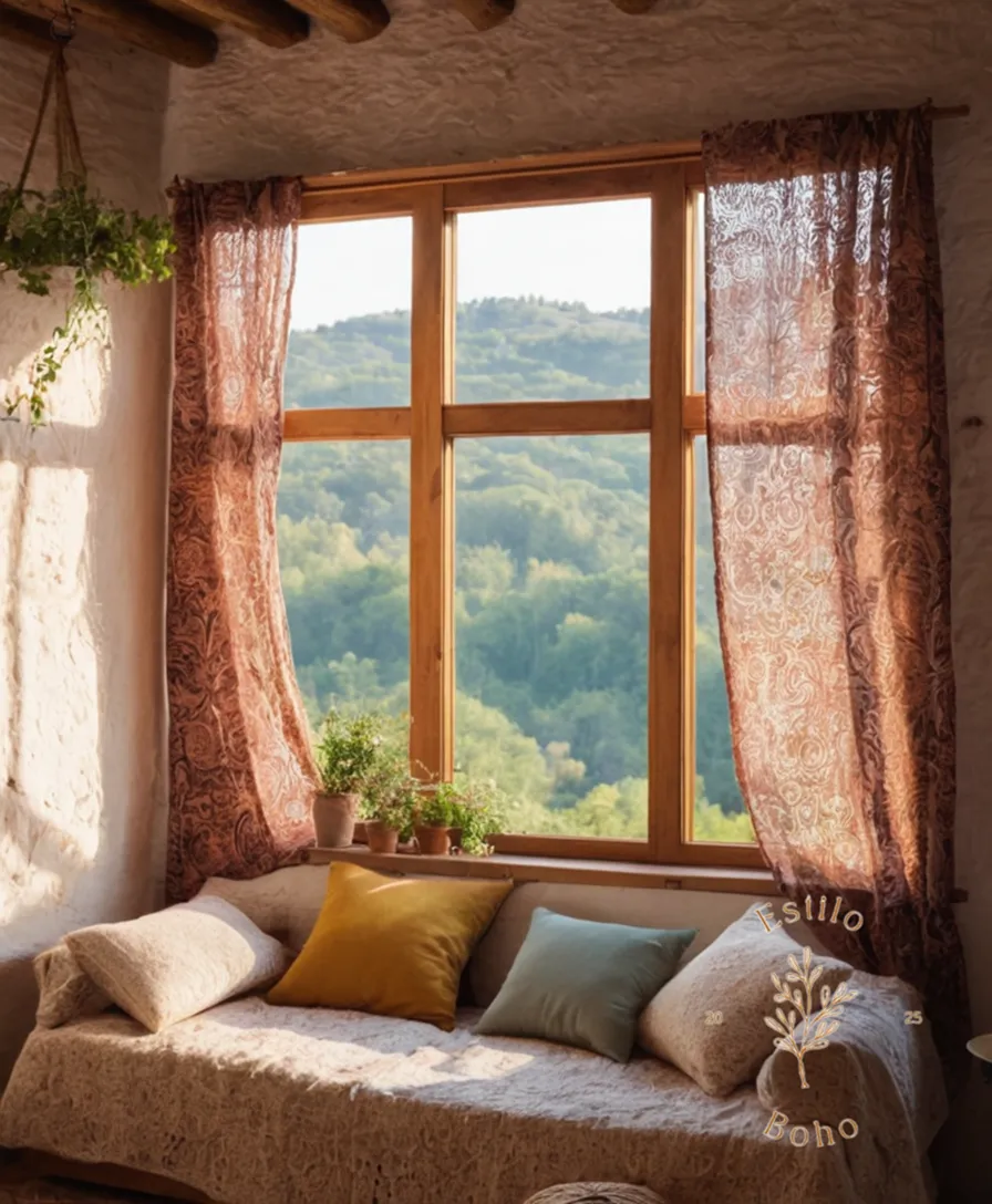A serene natural setting with organic cotton fabric on a bohemian wall.