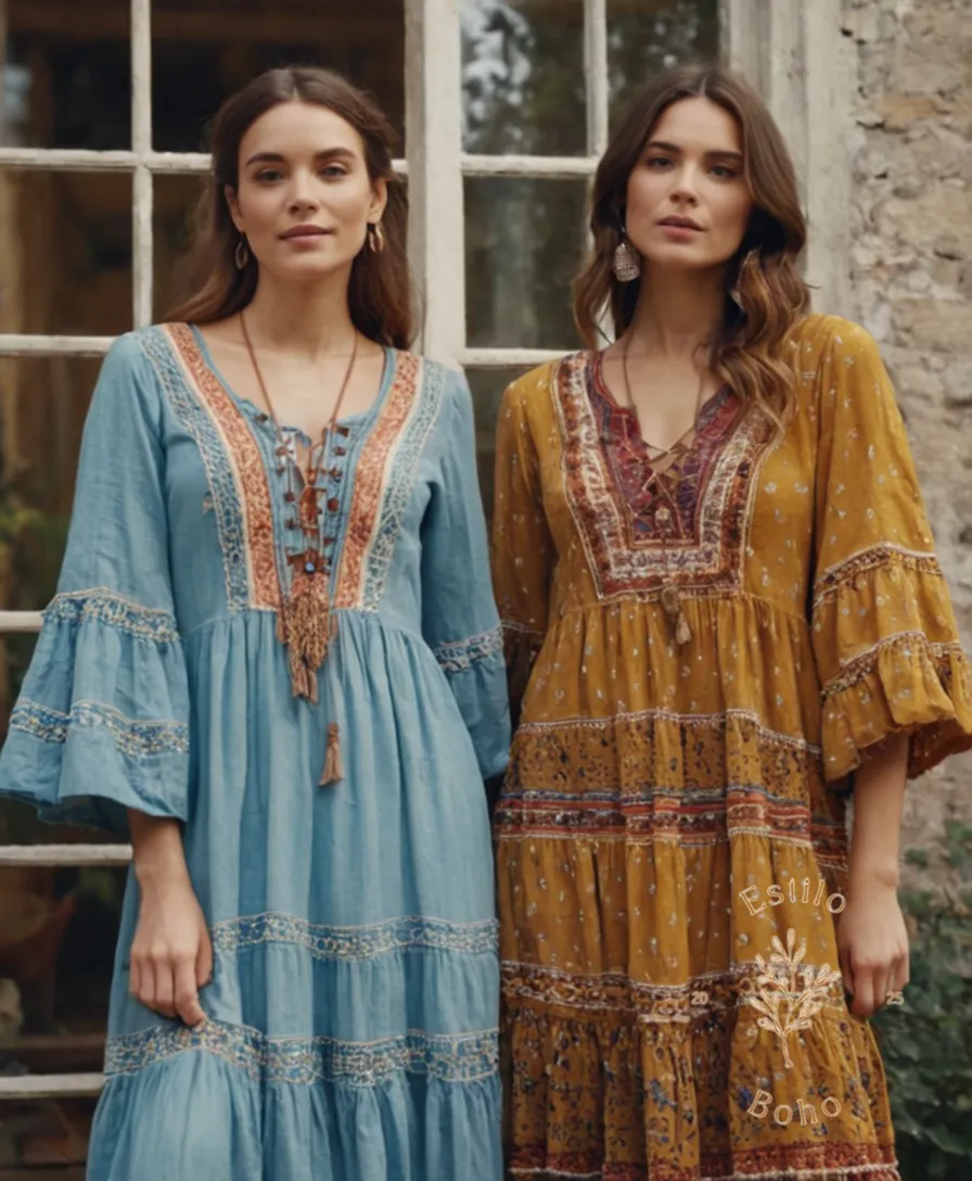 3-5 beautiful, carefree women wearing bohemian dresses made from organic cotton.