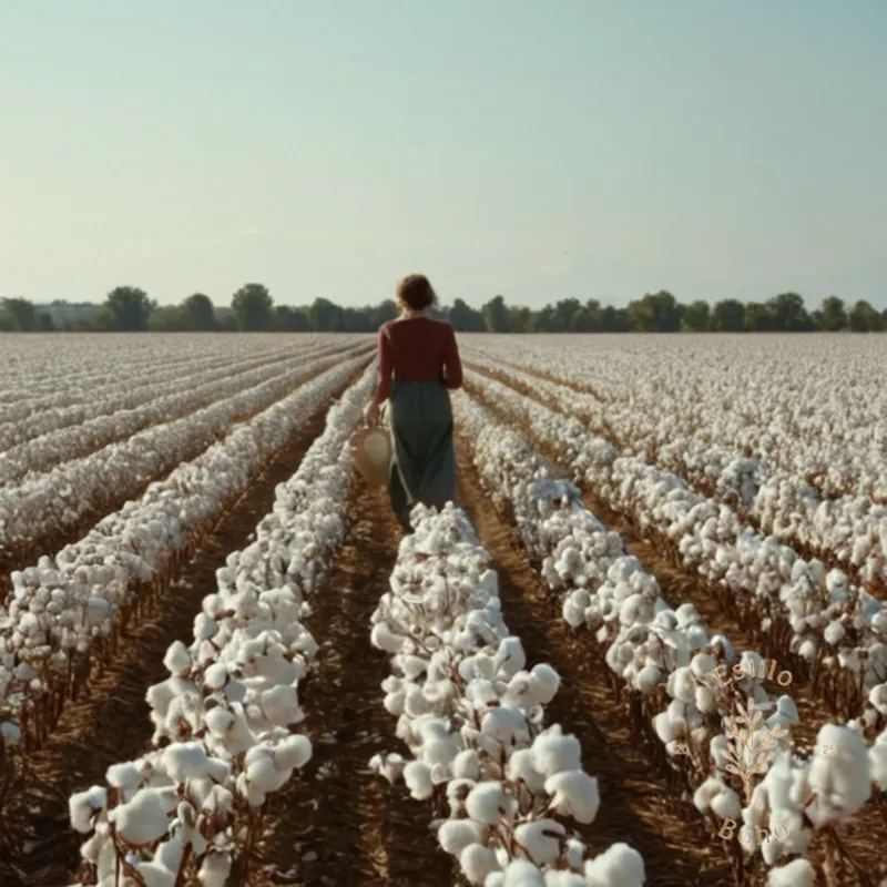 A field of organic cotton, possibly with a person harvesting.