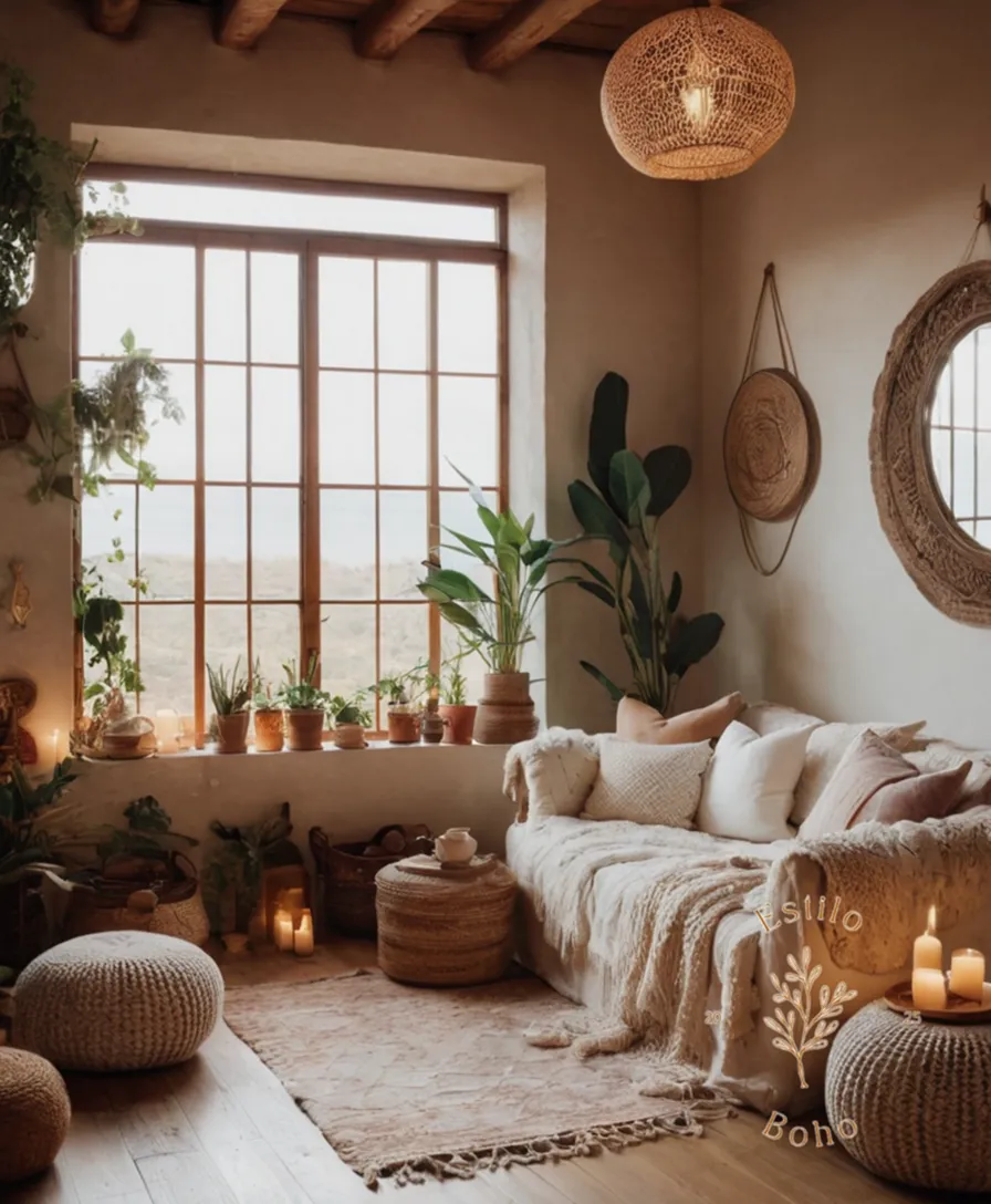 A cozy bohemian living space with organic cotton accents.