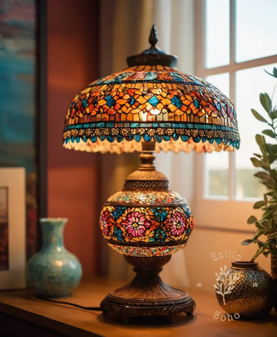 A bohemian table lamp placed at different heights.
