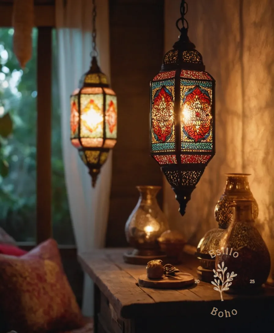 3 bohemian lamps in different spaces, softly lit and decorative.