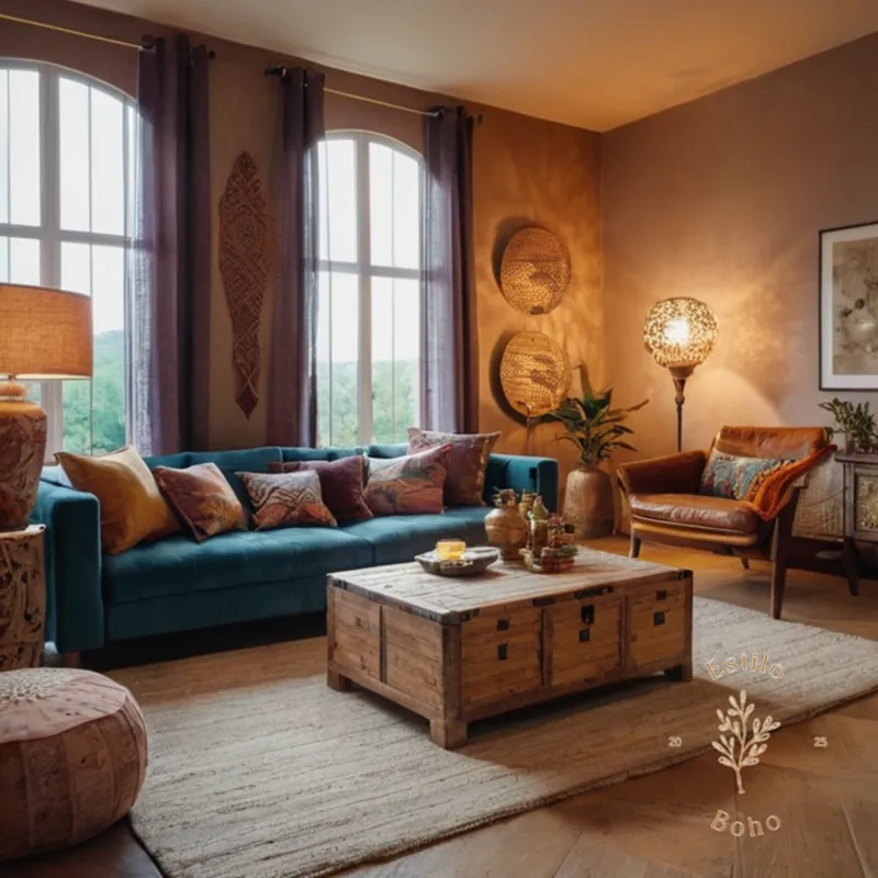 A stylish living room with a Bohemian-themed lamp in place.