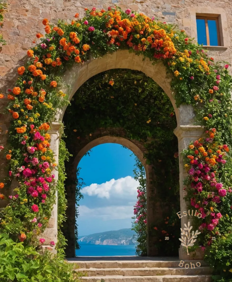 A colorful arch covered in climbing flowers and lush foliage.