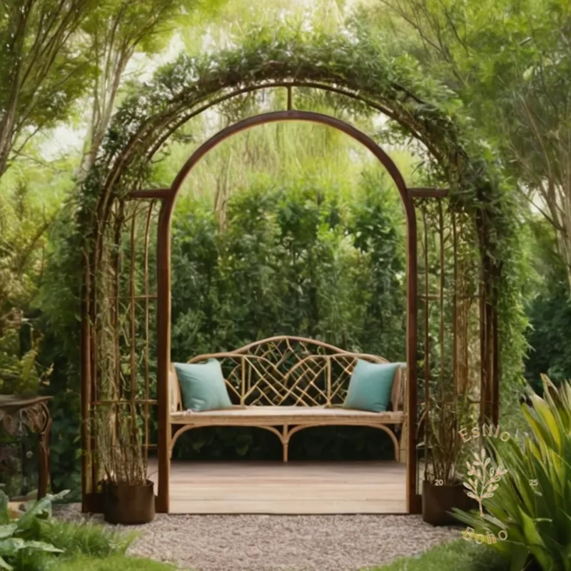 3 bohemian-style garden arches made from metal, wood, and bamboo.