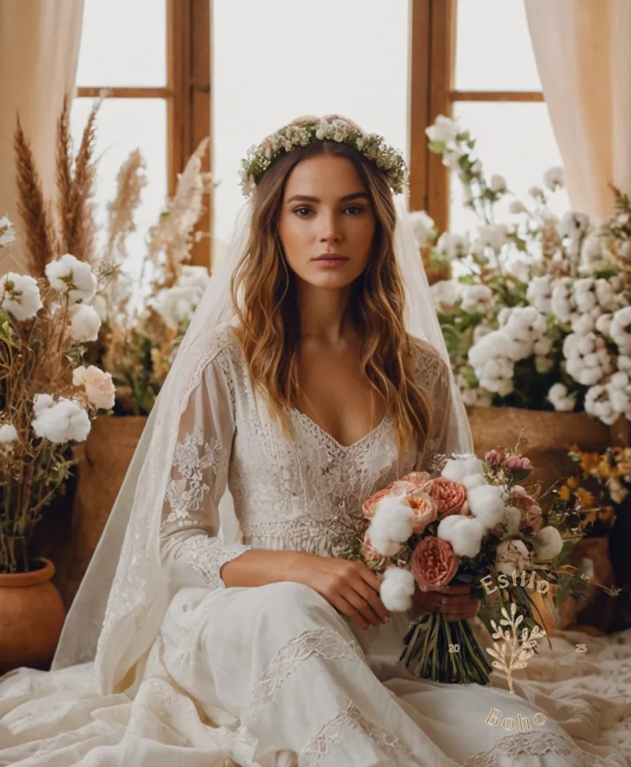 A bohemian bride surrounded by flowers and organic cotton fabric.