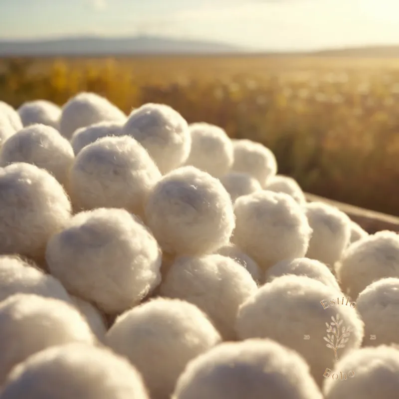 Soft, fluffy organic cotton balls or fibers on a natural background.