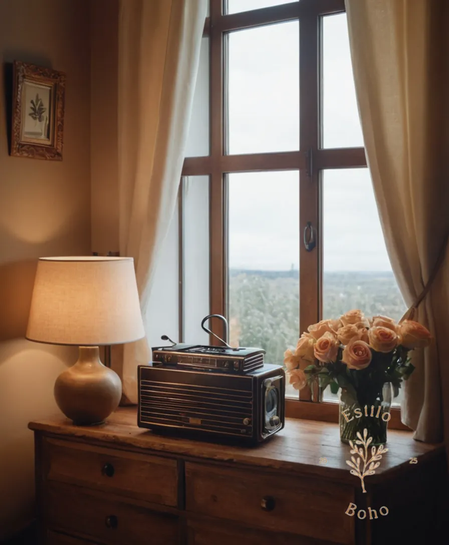 A blend of vintage and modern decor items in a cozy space.