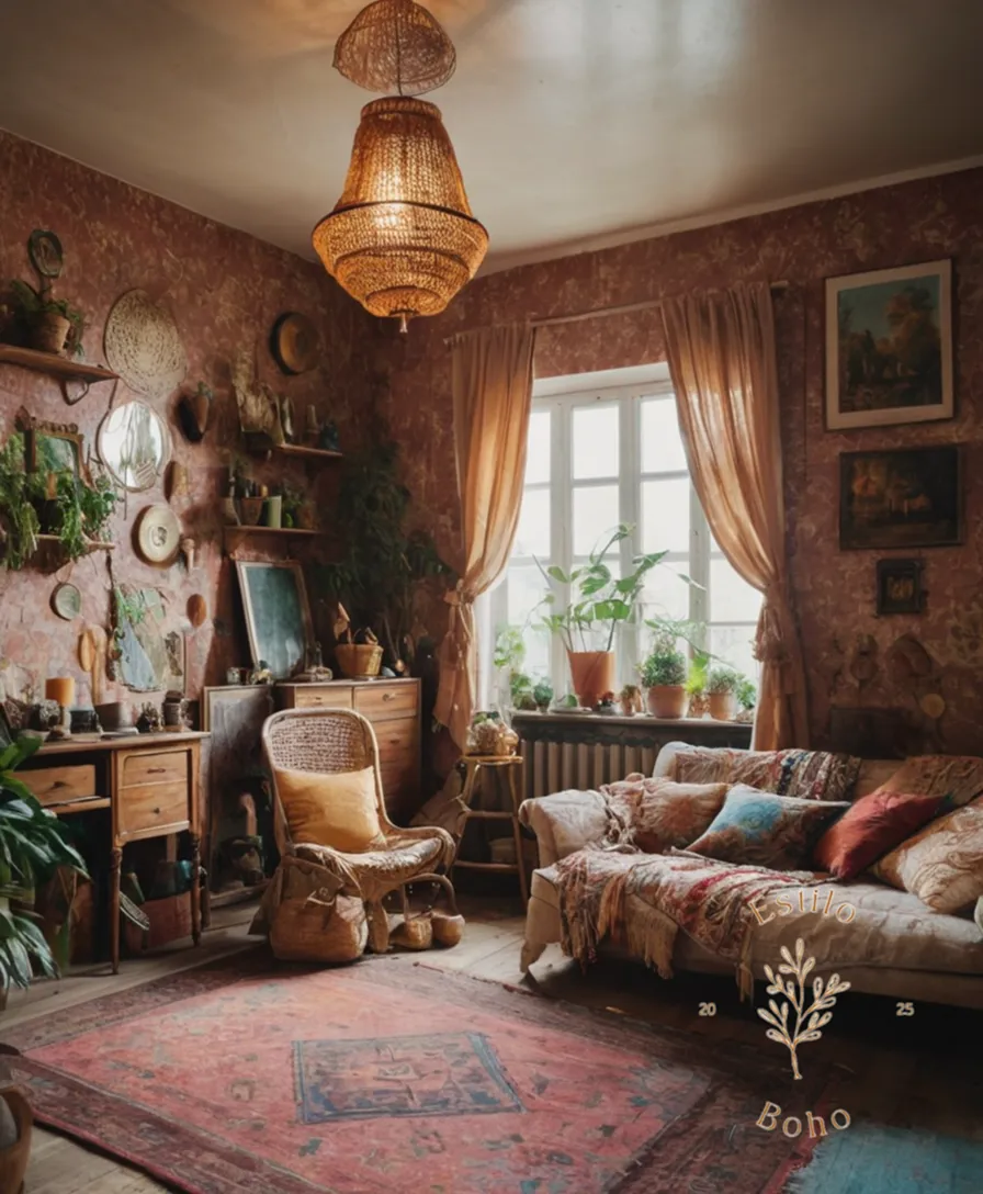A chaotic bohemian-inspired room with mismatched textures.