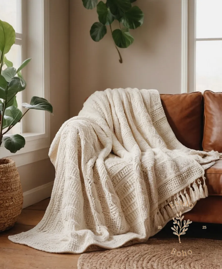 A soft, organic cotton throw blanket on a cozy bohemian-style couch.