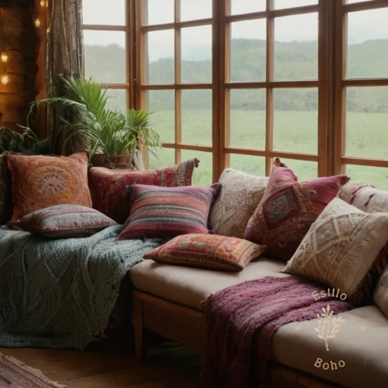 A cozy home setting with sustainable textiles and bohemian decor.