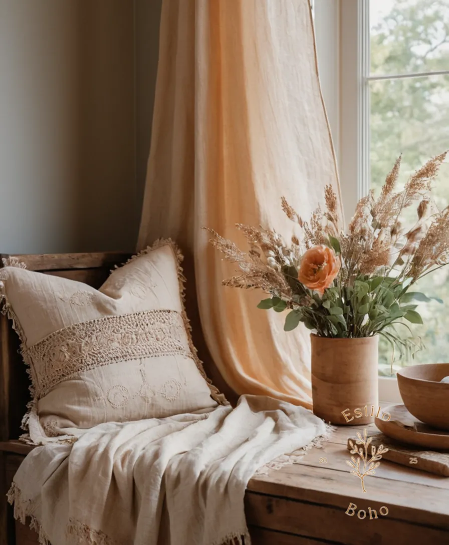 Soft organic cotton fabrics used in boho-inspired home decor styling.