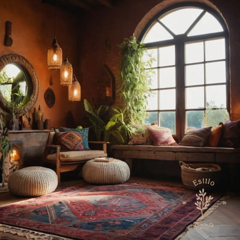 A bohemian-inspired room with several textured elements arranged beautifully.