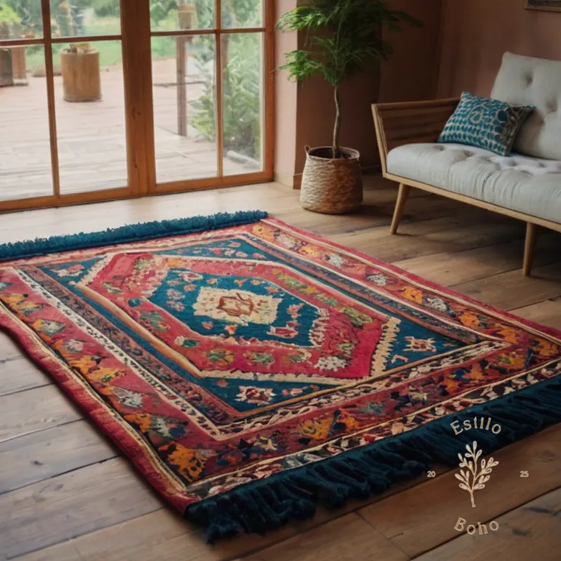 A colorful, chunky bohemian rug on a wooden floor.